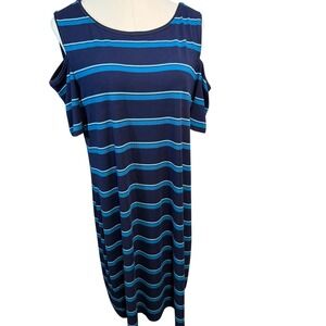 White‎ House Black Market Women's Navy Blue Striped Shoulder  Dress large